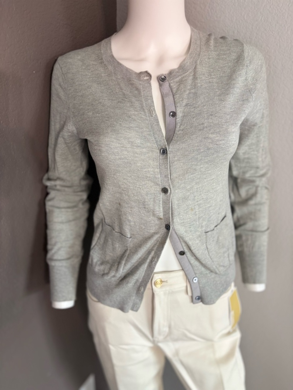 Banana Republic Heather Gray Button-Front Crewneck Cardigan